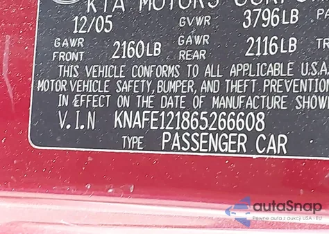 2006 Kia Spectra Ex/Lx/Sx z USA, uszkodzony, nr VIN KNAFE121865266608